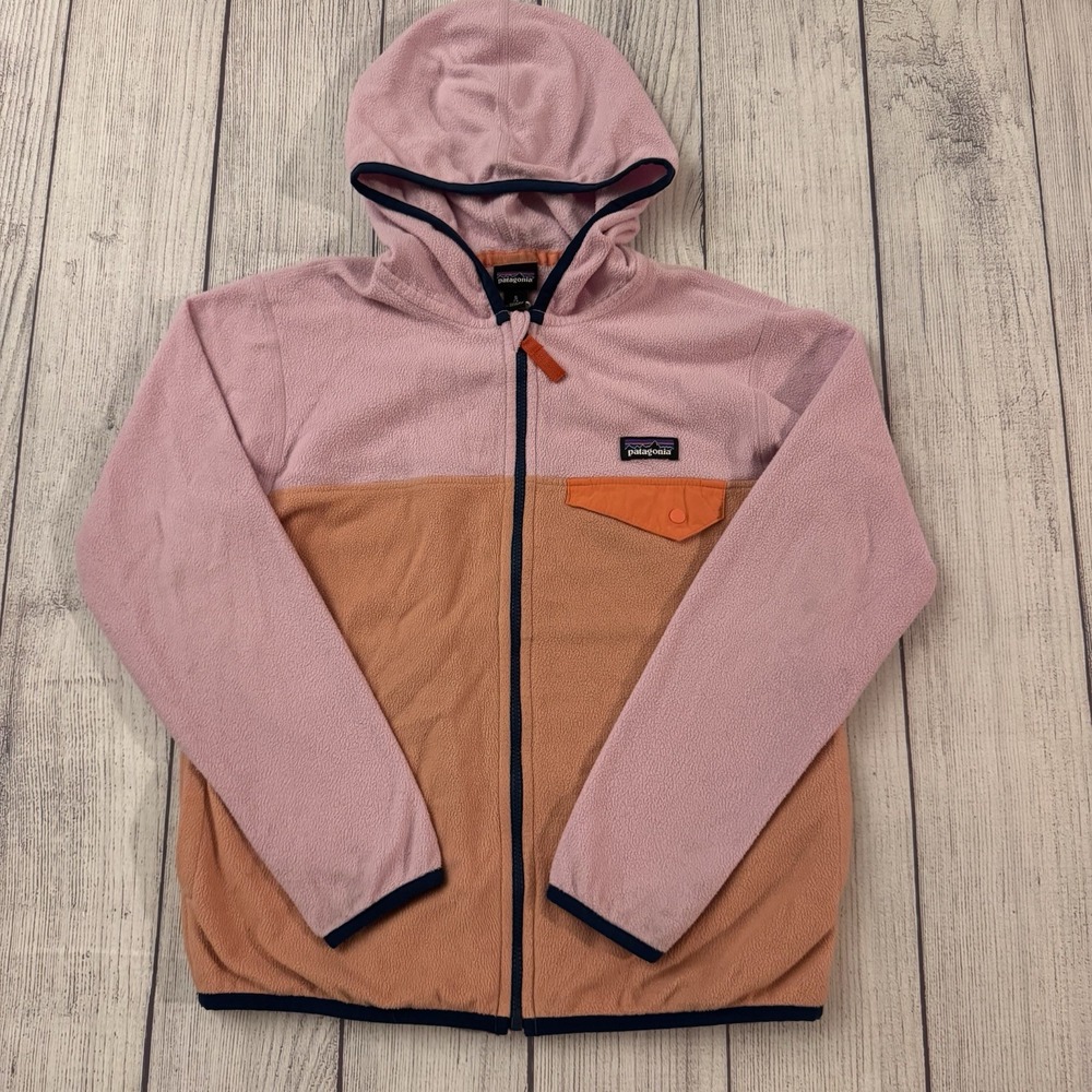 Patagonia Micro D Snap-T Hooded Fleece Jacket Pink Orange Size Small 7-8 Girls